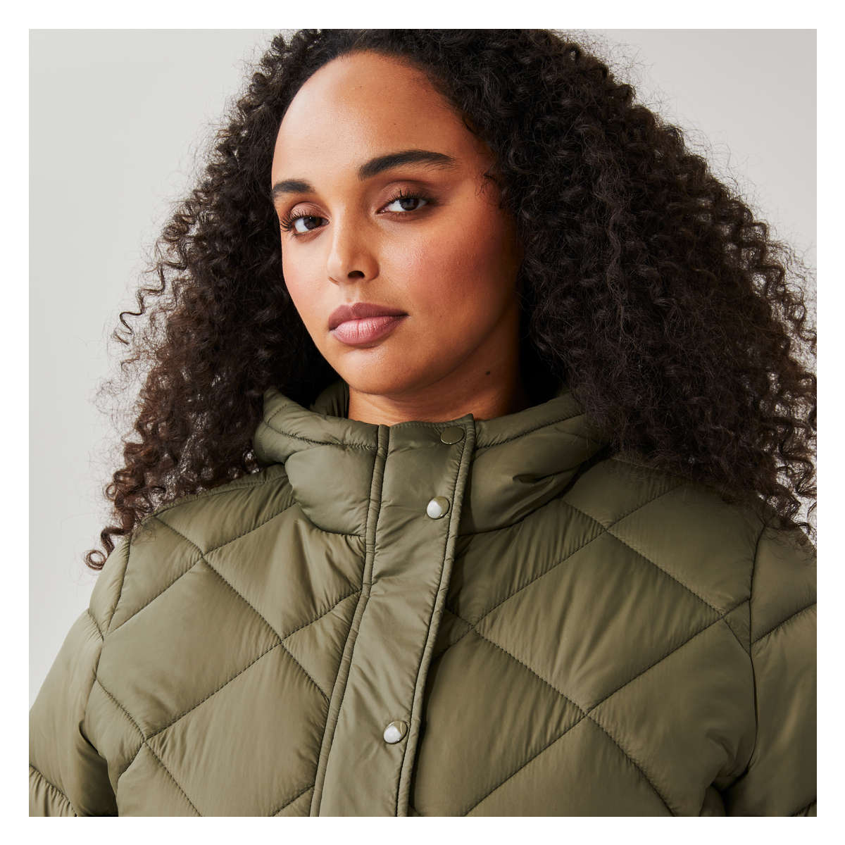 Women Long Puffer with PrimaLoft in Dark Olive from Joe Fresh